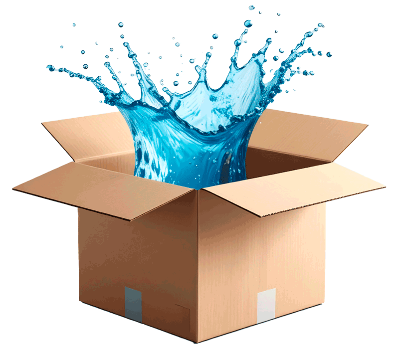 A cardboard box with water splashing out of it