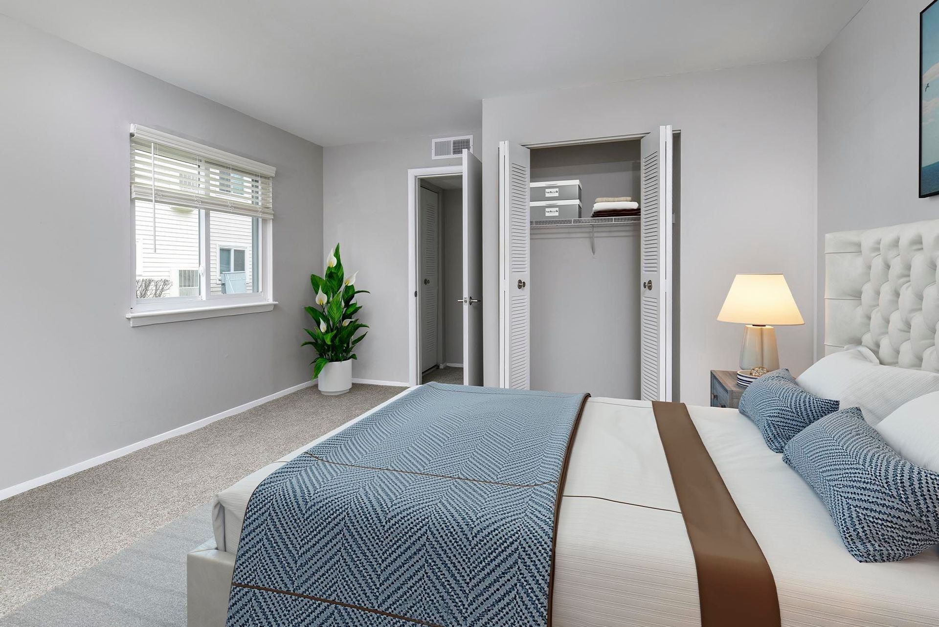 Bedroom with bed, closet, window, and plant. Light grey walls, carpet, and white bedding.