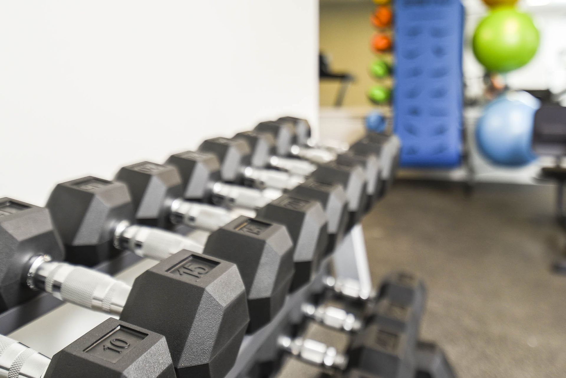 Row of dumbbells on a rack in a gym, with other workout equipment in the background.