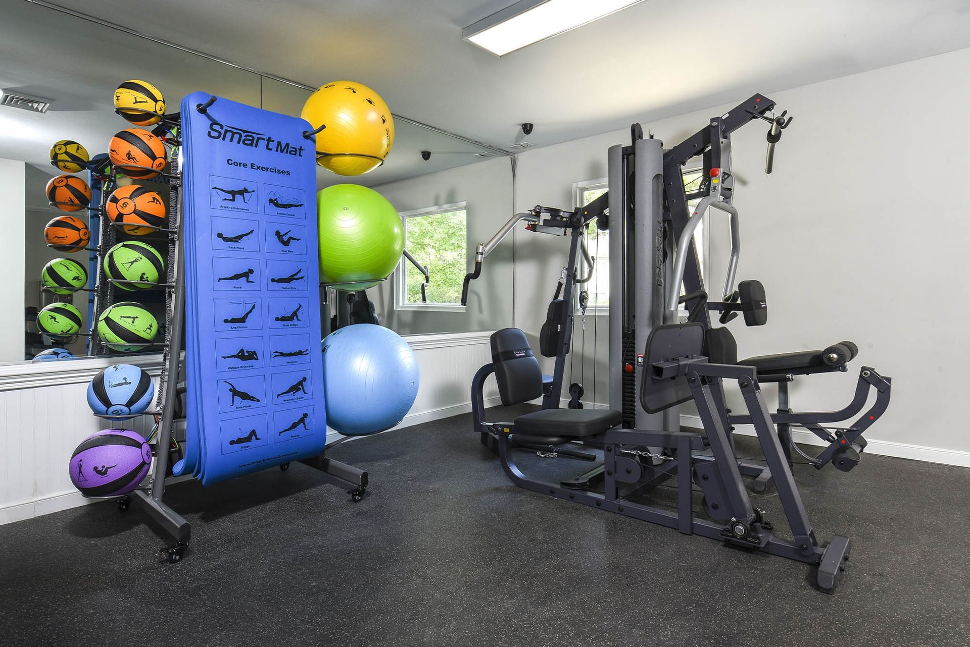 Gym interior with exercise equipment: medicine balls, stability balls, and weight machine.