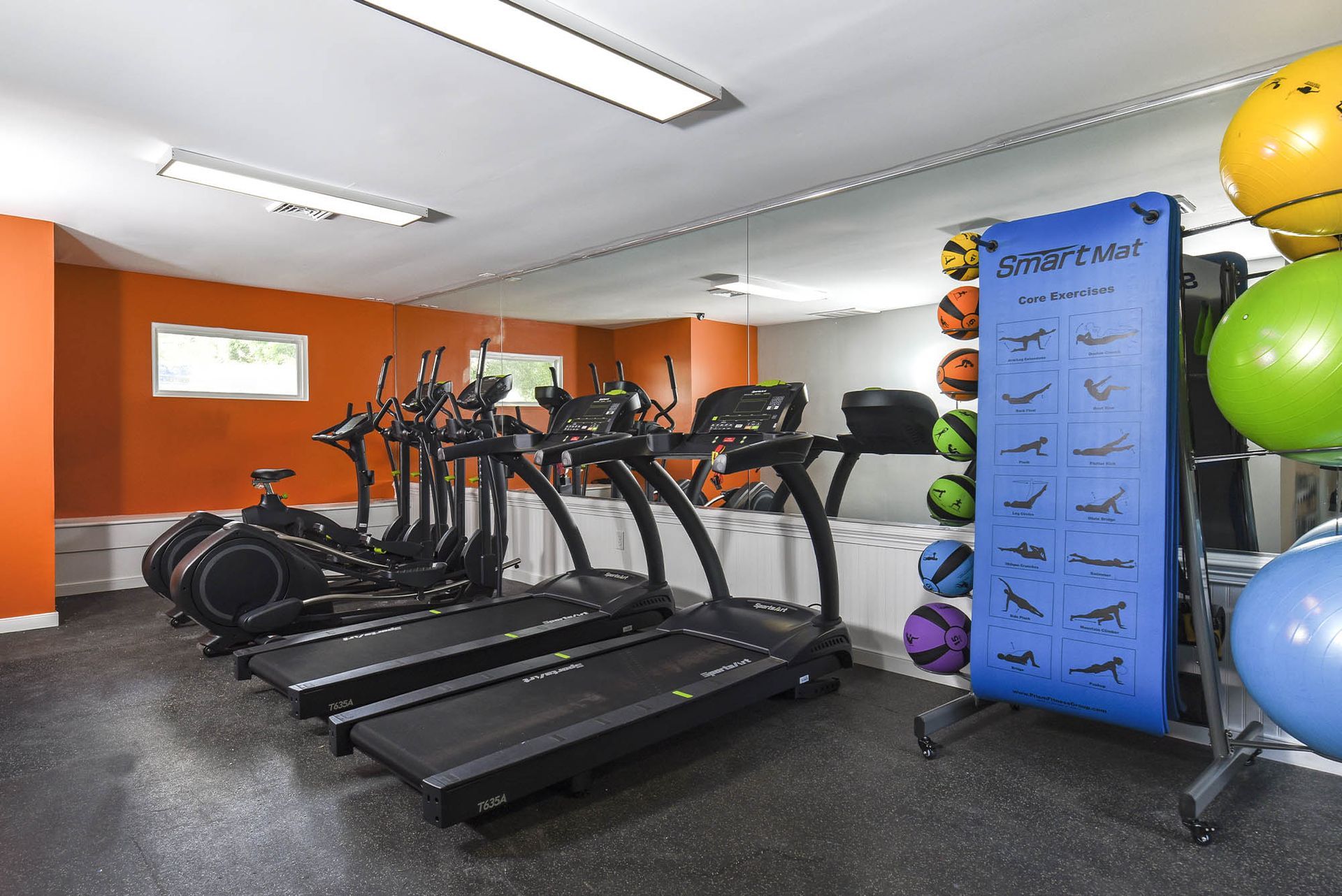 Gym interior with treadmills, elliptical, exercise balls, and exercise chart. Orange and white walls, black floor.