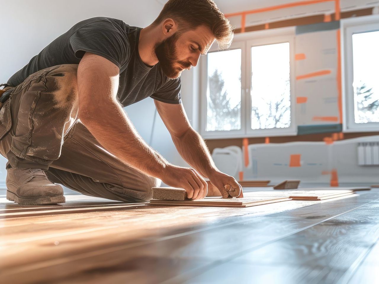 A man is kneeling on the floor while installing a wooden floor.