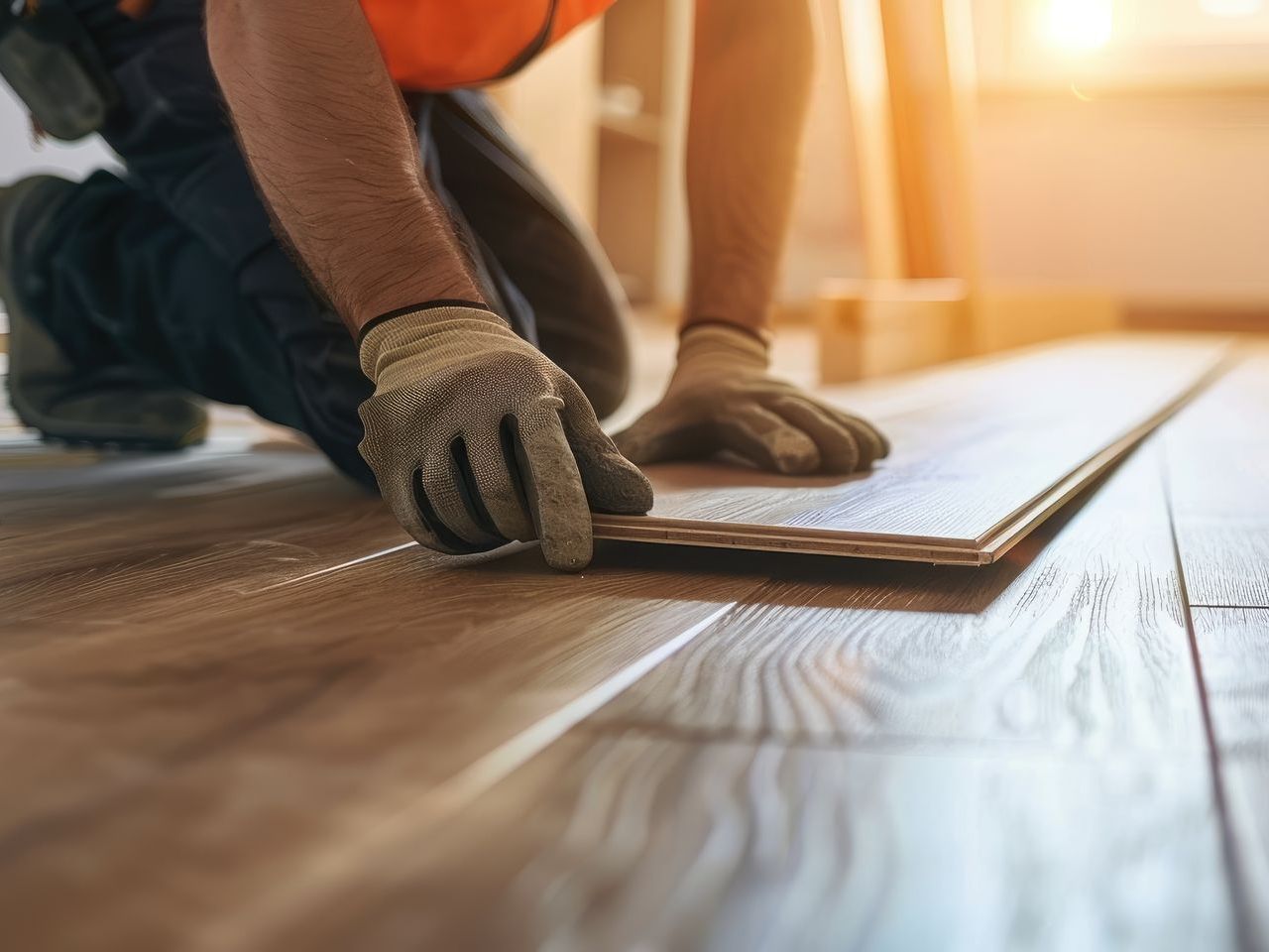 A man is installing a wooden floor in a house.