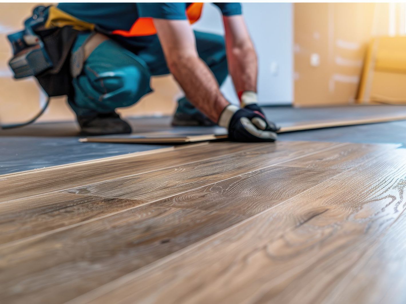 A man is installing a wooden floor in a room.