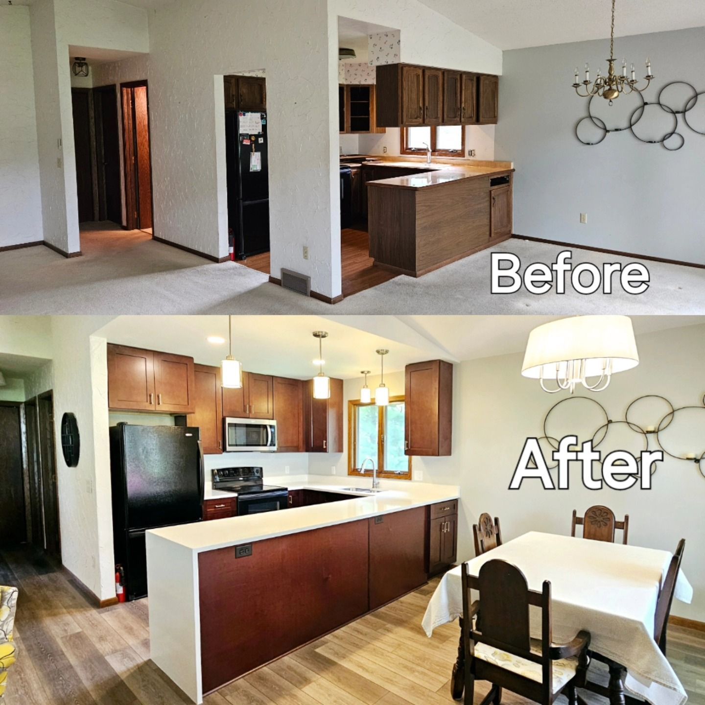 Before-and-after of a kitchen renovation. The “after” features new cabinets, counters, and flooring, plus a dining area.