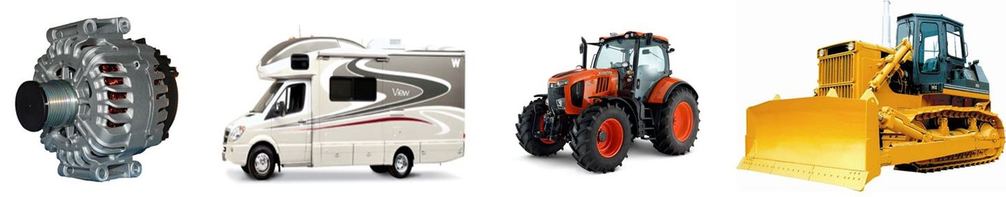 A van , a tractor , a bulldozer , and a generator are shown in a collage.