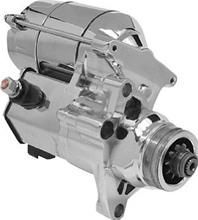 A close up of a chrome starter motor on a white background.