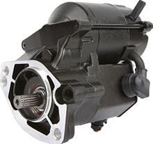 A close up of a black starter motor on a white background.