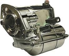 A close up of a chrome starter motor on a white background.