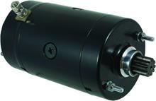 A close up of a black starter motor on a white background.