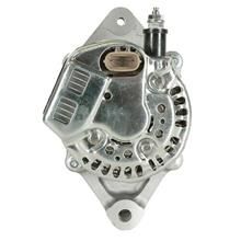 A close up of an alternator on a white background.