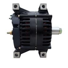 A close up of a black alternator on a white background.