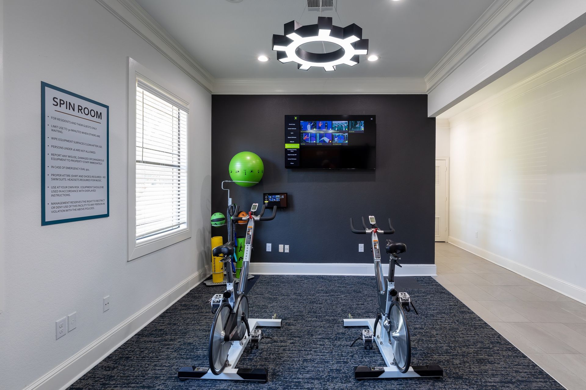 Gym with two stationary bikes, a TV, and fitness ball.