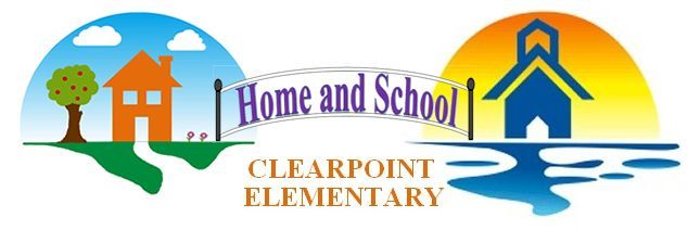Clearpoint Elementary Home and School logo with house, trees, sun, and blue water accents