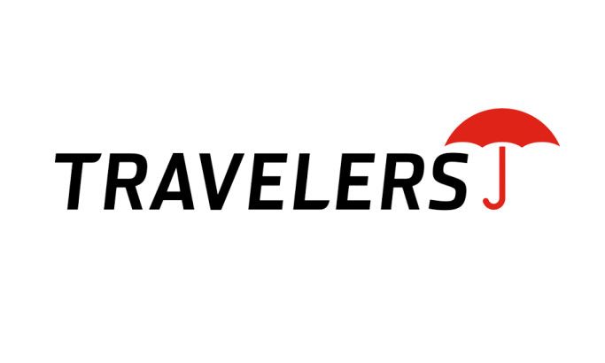 The logo for travelers j has a red umbrella on it.
