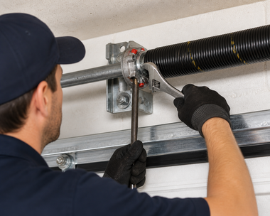 Worker tightening a garage door spring bracket with a wrench, wearing black gloves and cap.