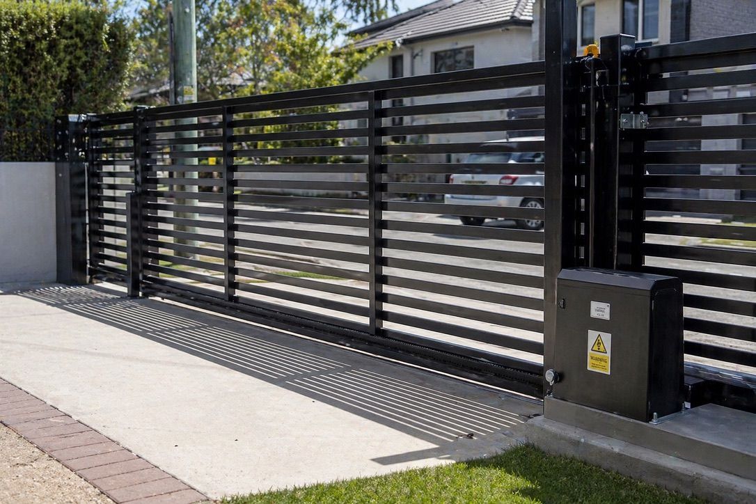 Black metal sliding gate with horizontal slats at a residential driveway, beside a sidewalk and utility box