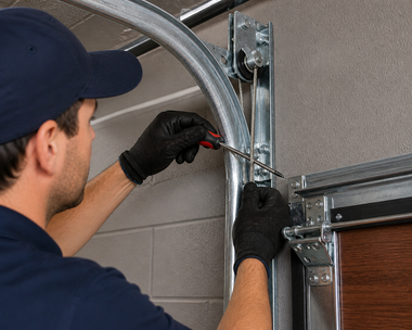 Technician tightening a garage door spring with pliers