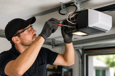 Technician in black cap and gloves repairing a ceiling garage door opener