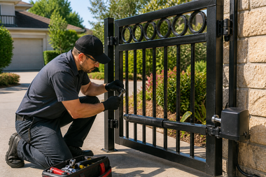 Worker repairing a black metal gate beside a brick wall with tools on the ground
