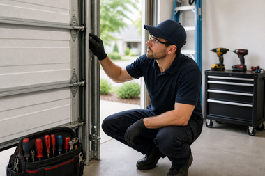 Technician inspecting a garage door beside a toolbox and workbench