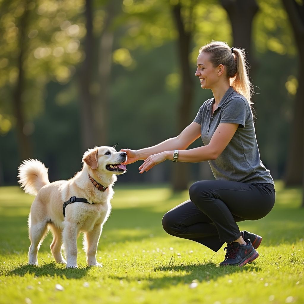 Woman petting a golden retriever in a park; both smiling.