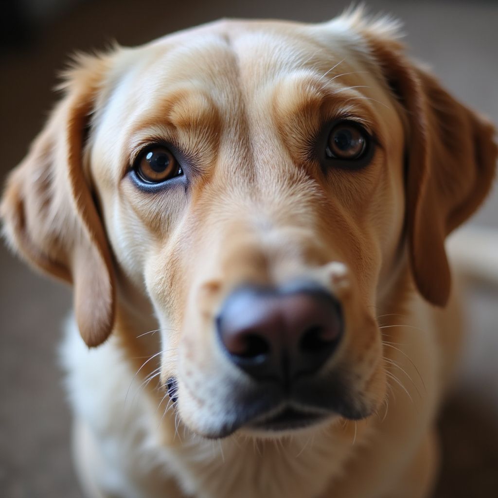 Yellow Labrador Retriever looking directly at the camera with brown eyes and a focused expression.