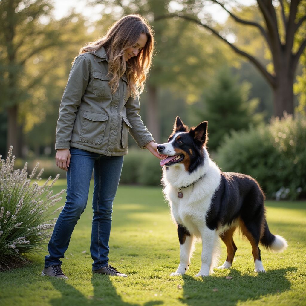 Woman in jacket pets a black and white dog in a sunny park.