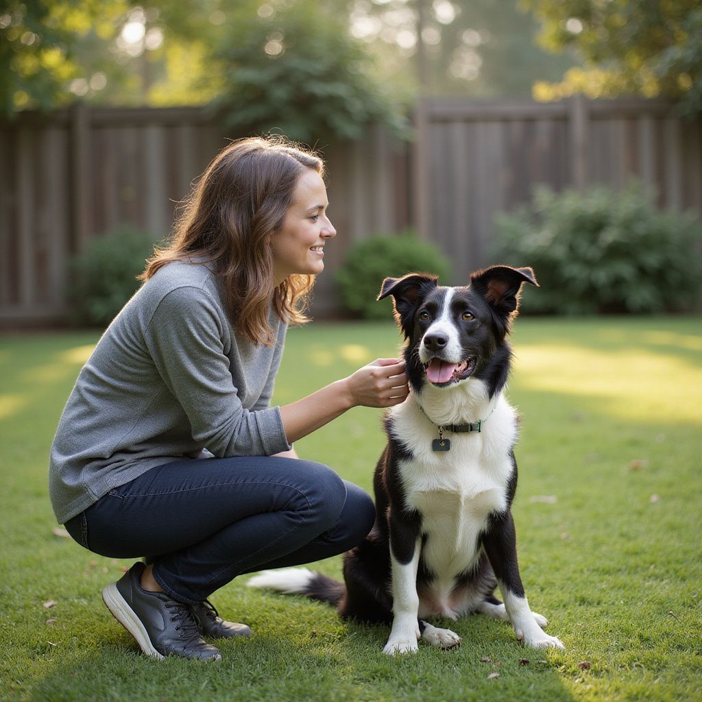 Woman petting a black and white dog in a grassy backyard.