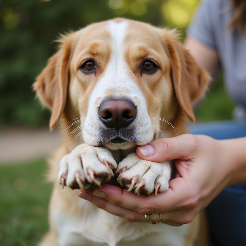 Dog with tan and white fur, paws in a person's hands. Outdoors on grass.