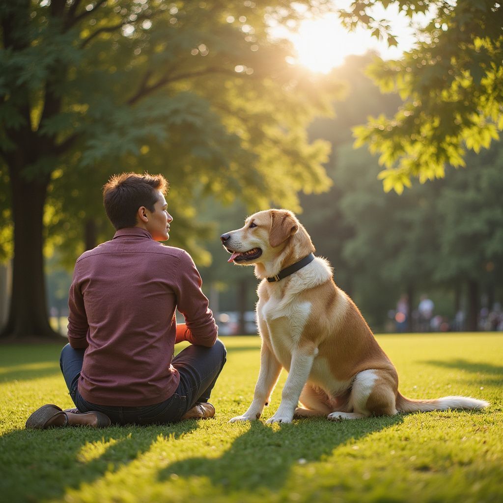 Man and dog sit on grass in a park, facing each other. Sunlight streams through trees.