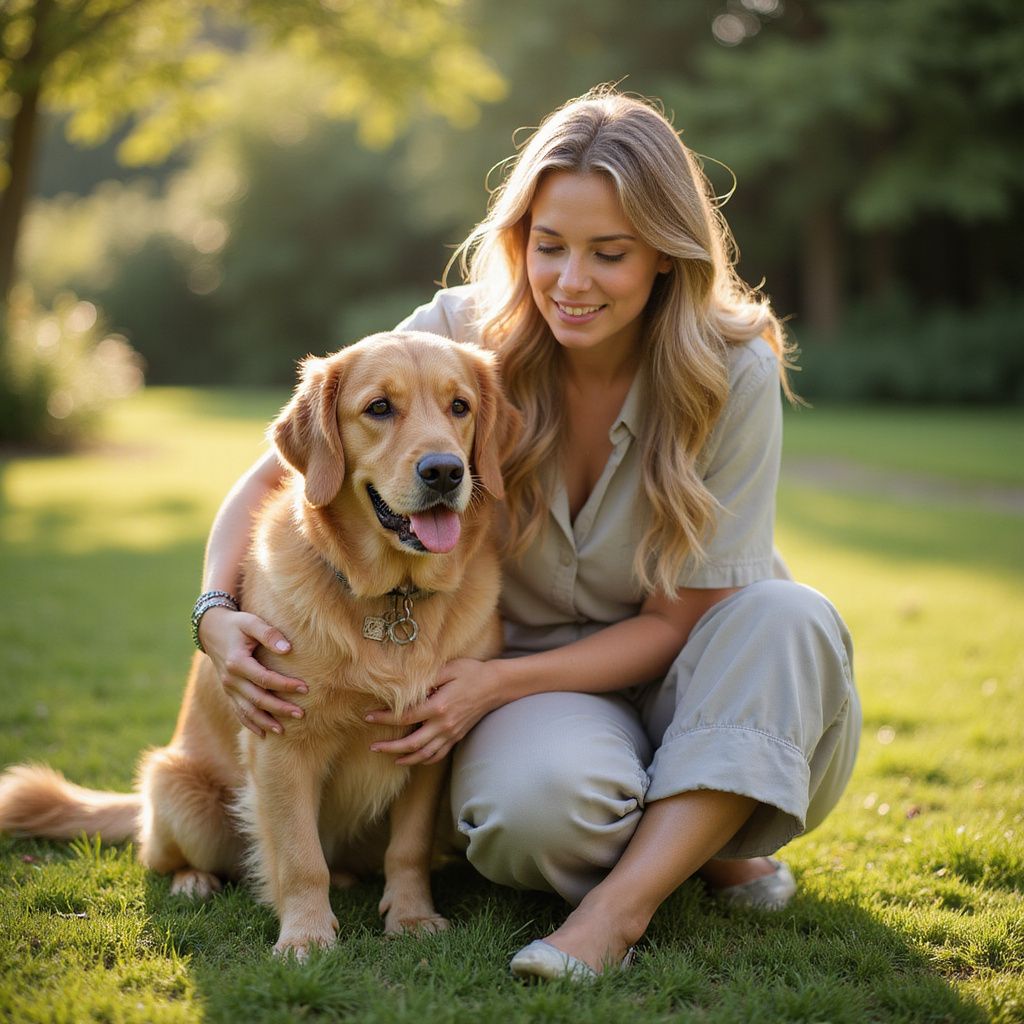 Woman kneeling on grass, petting a golden retriever in a sunny outdoor setting.