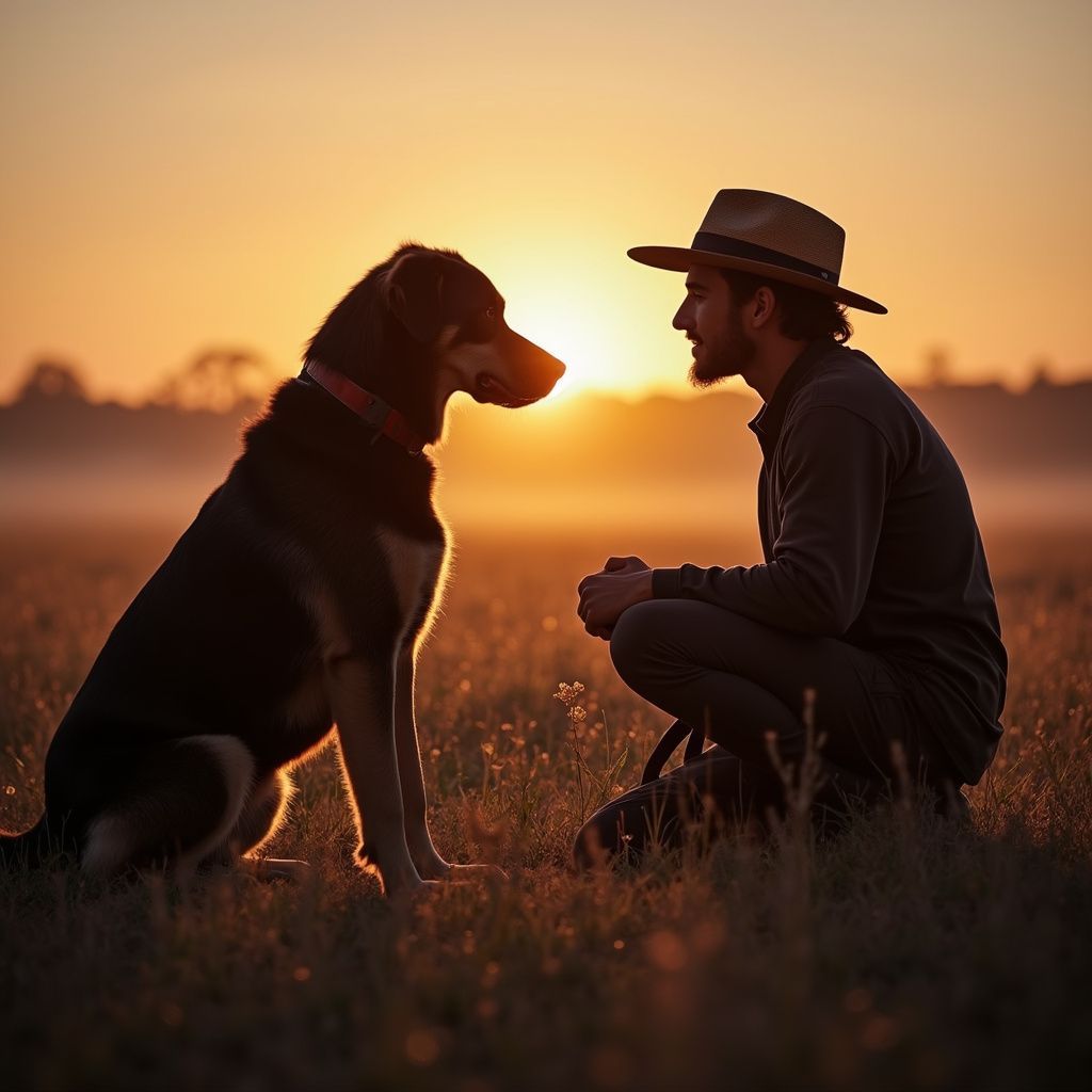Man in a hat sits facing a dog in a field at sunset. Warm light silhouettes the figures.