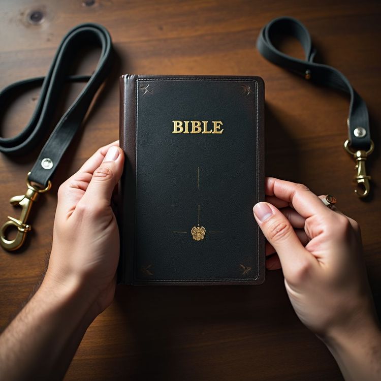 Hands holding a closed black Bible with gold lettering, on a wooden surface, with a leather leash on either side.