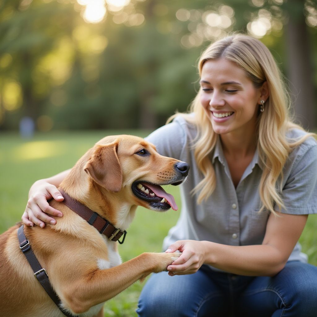 Woman petting a brown dog, both smiling in a park. Dog's paw raised as if shaking.