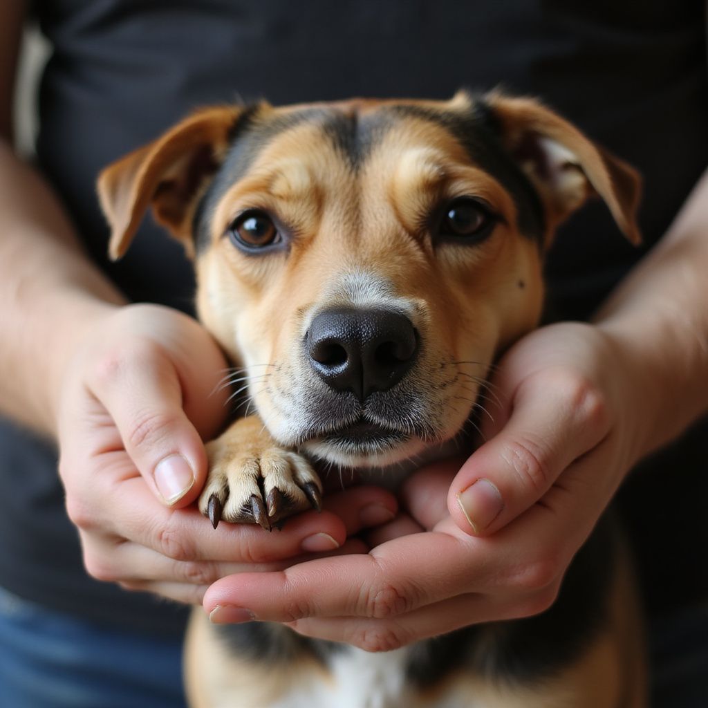 Dog held gently in hands, brown and black fur, looking at camera.