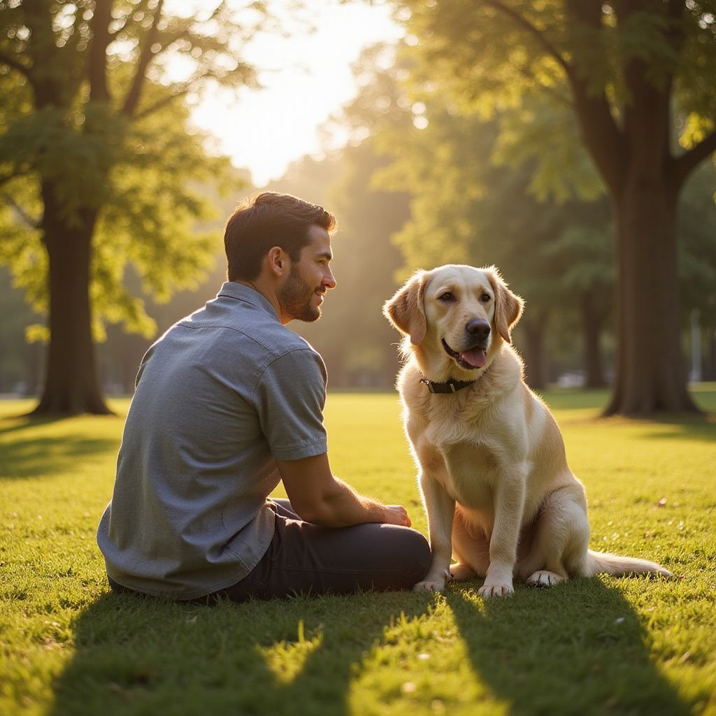 Man sitting on grass, smiling at a yellow Labrador dog. Sunlight filters through trees.