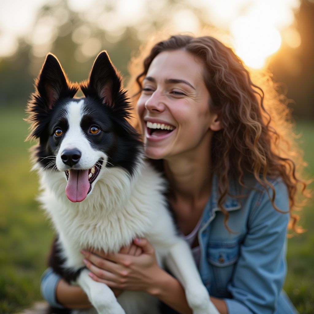 Woman laughing with a black and white dog in a sunny field.