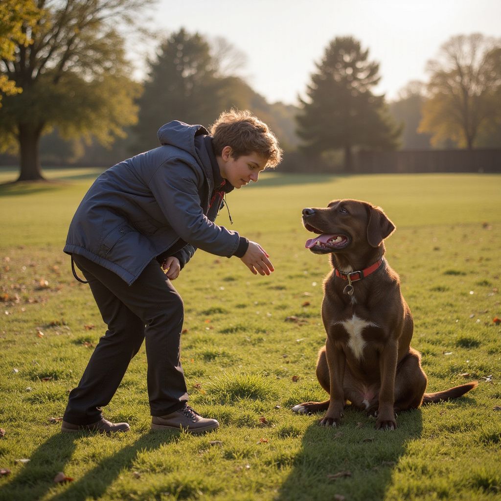 Man crouches to pet a brown dog sitting on grass in a park.
