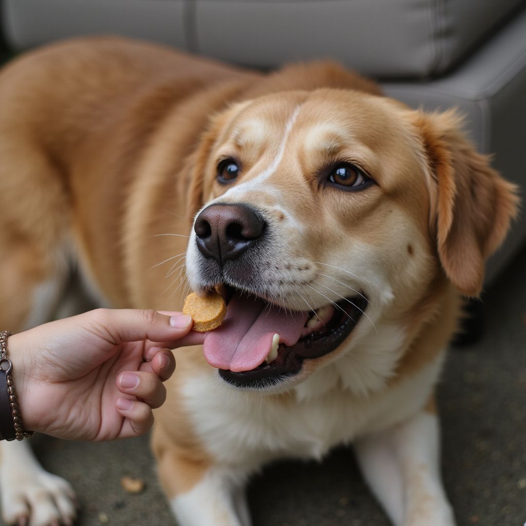 Golden dog eating a treat from a person's hand, outdoors.
