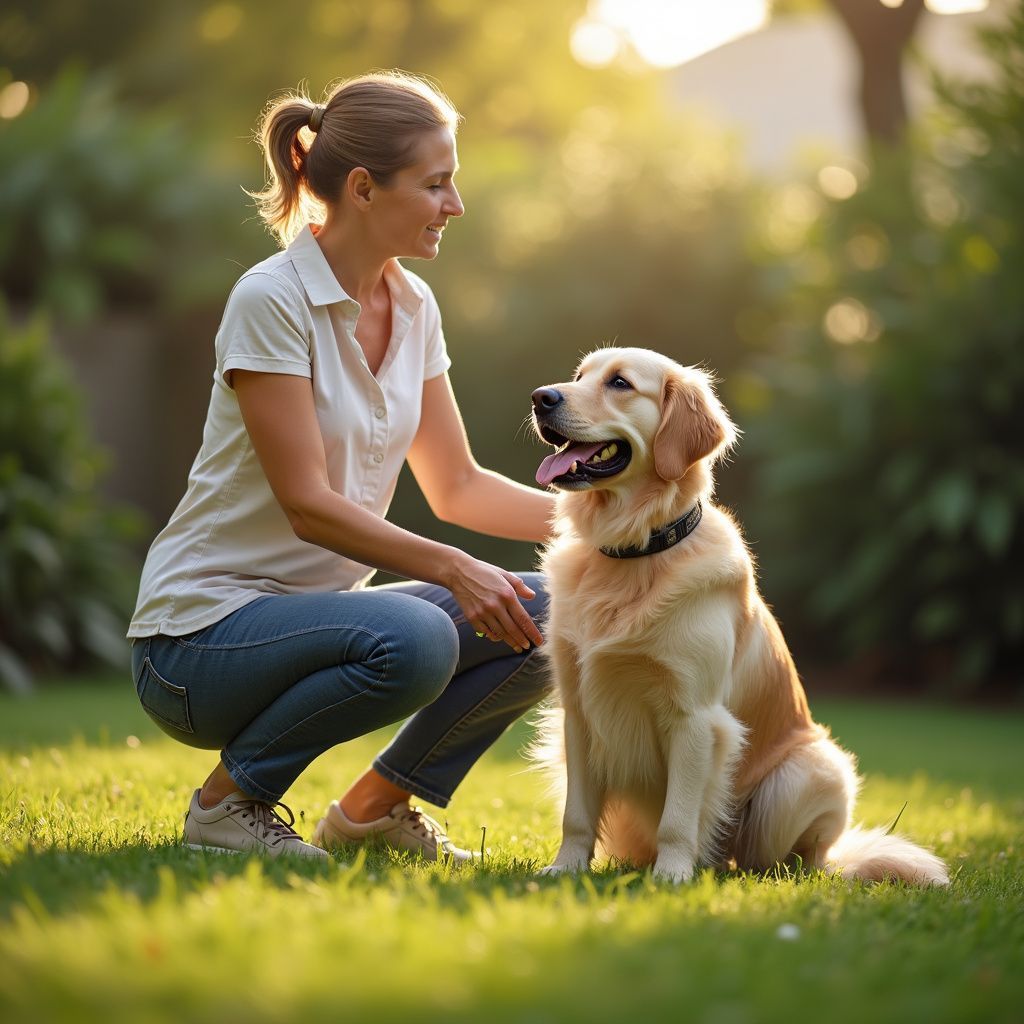 Woman petting a golden retriever in a sunny backyard.