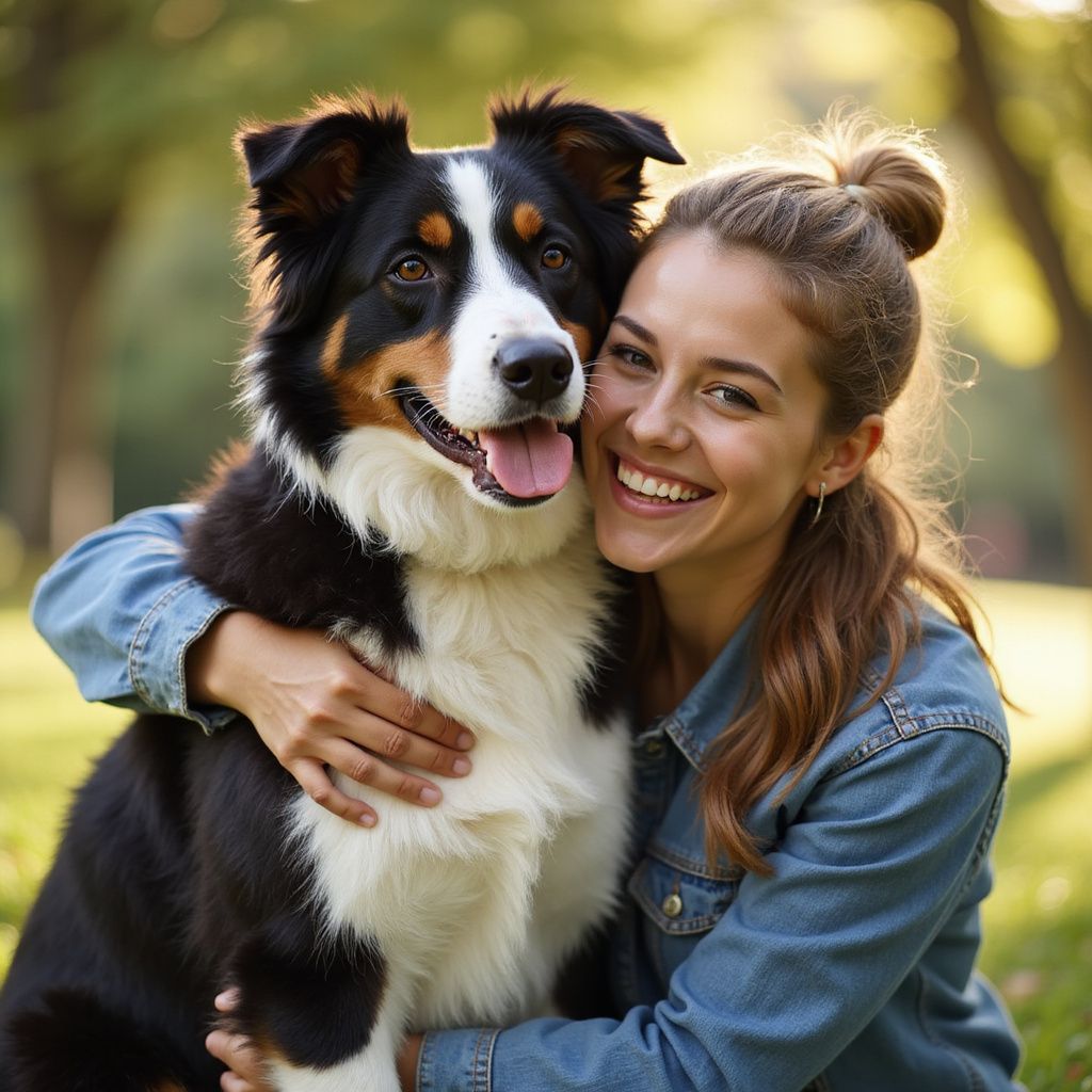 Woman in denim jacket hugging a black, brown, and white dog; smiling outdoors.