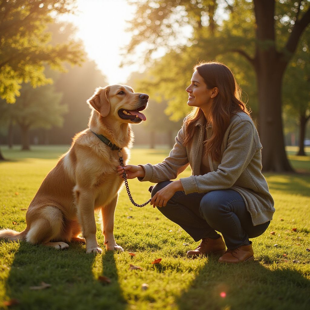 Woman and dog in park, woman kneeling, petting dog. Sunny day, green grass, trees.