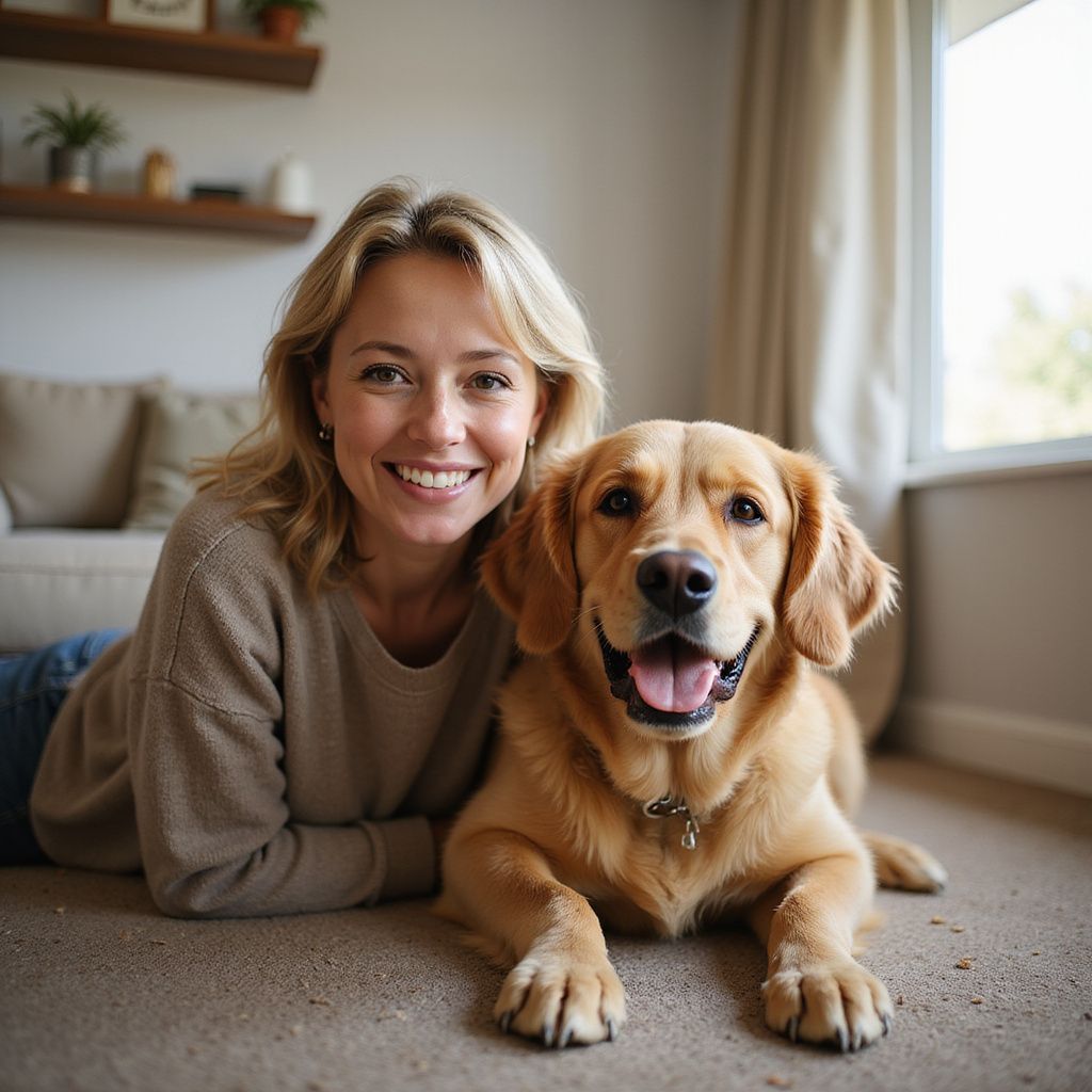 Woman smiling with a golden retriever lying on a carpeted floor. They are indoors near a window.