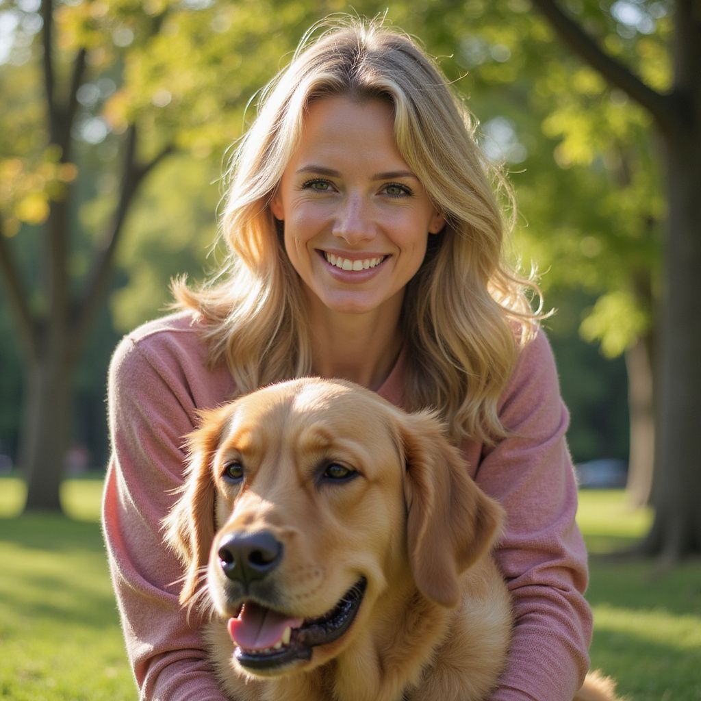 Woman with blonde hair smiles, petting a golden retriever in a sunny park.