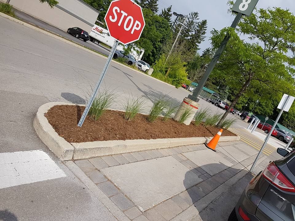 A stop sign is in the middle of a parking lot