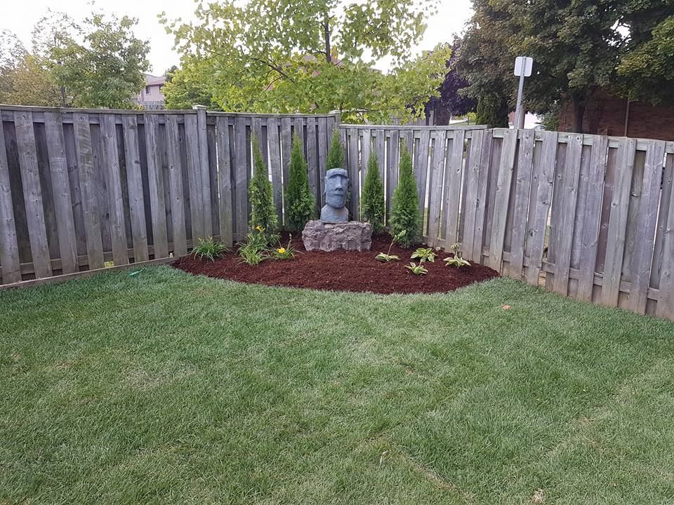 A backyard with a garden bed featuring a stone sculpture of a head and evergreens, against a wooden fence.