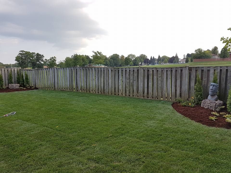 A green lawn features a long, weathered wood fence, mulch beds, and a stone sculpture of a face on the right.