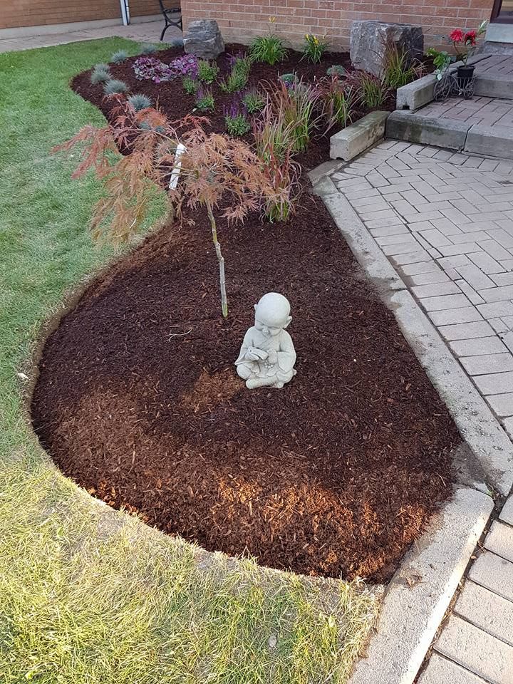 A garden bed with a small tree, Buddha statue, and various plants. Brown mulch, brick path, and green grass.