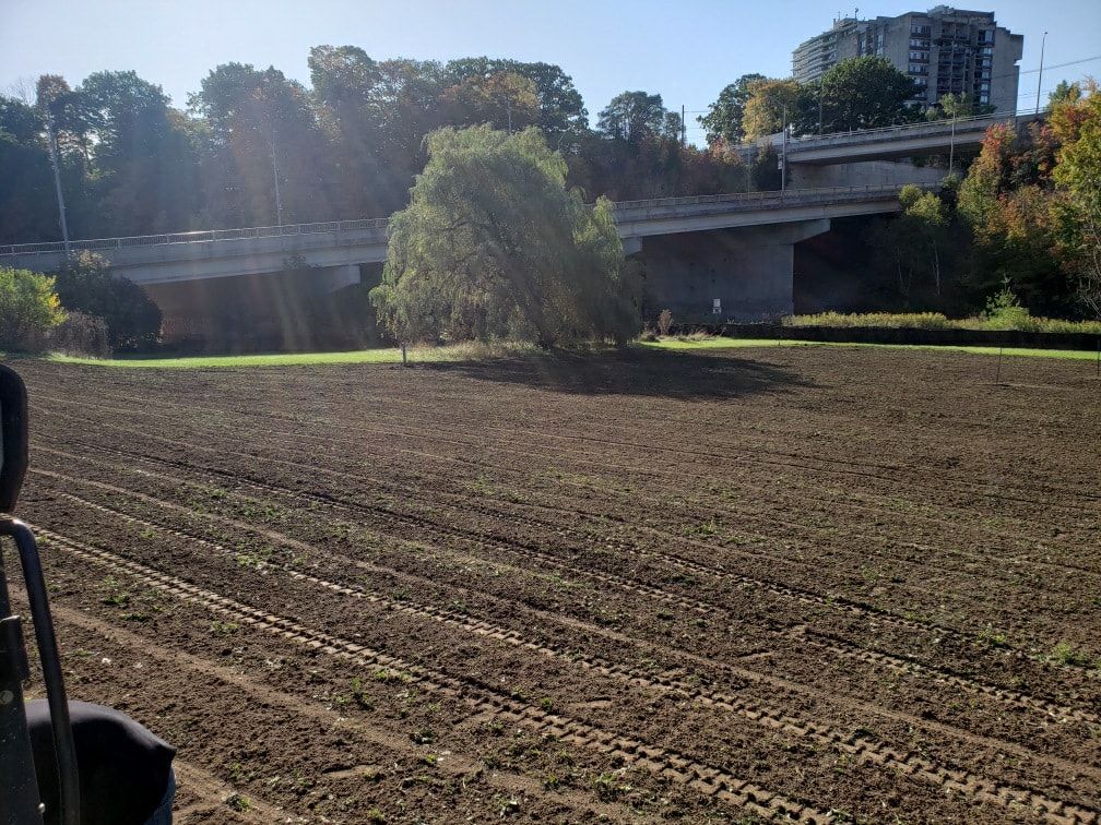 A freshly plowed, brown soil field with tire tracks leads toward a concrete overpass and trees under a clear blue sky.